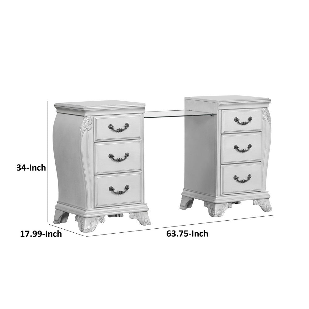 Hailey 67 Inch Vanity Table, Glass Bridge, 6 Drawers, USB, Scrolled Gray - BM316519