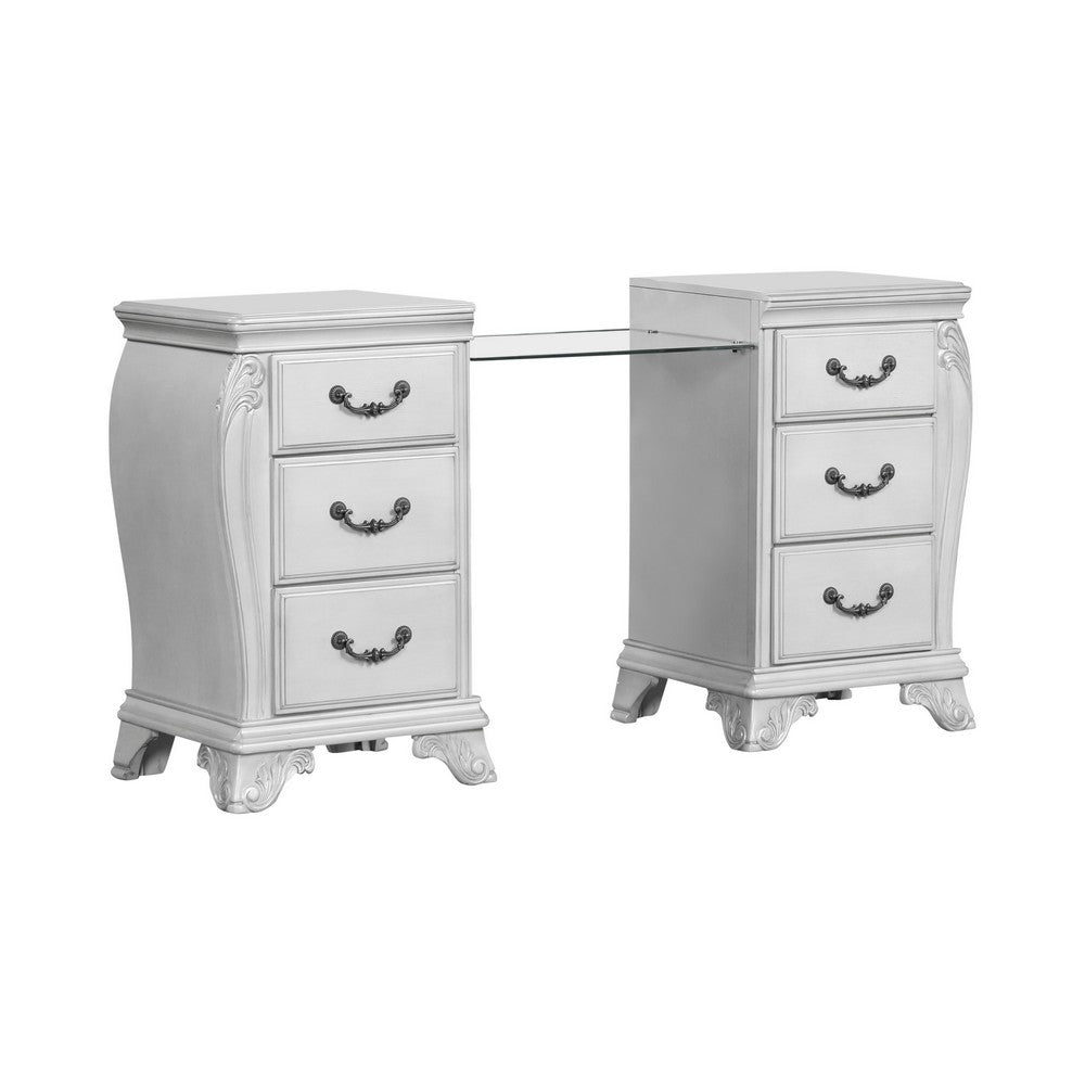 Hailey 67 Inch Vanity Table, Glass Bridge, 6 Drawers, USB, Scrolled Gray - BM316519