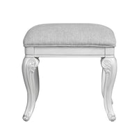 Hailey 19 Inch Royal Vanity Stool Scrolled Design, Gray Padded Top, Wood - BM316520