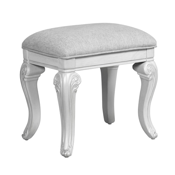 Hailey 19 Inch Royal Vanity Stool Scrolled Design, Gray Padded Top, Wood - BM316520