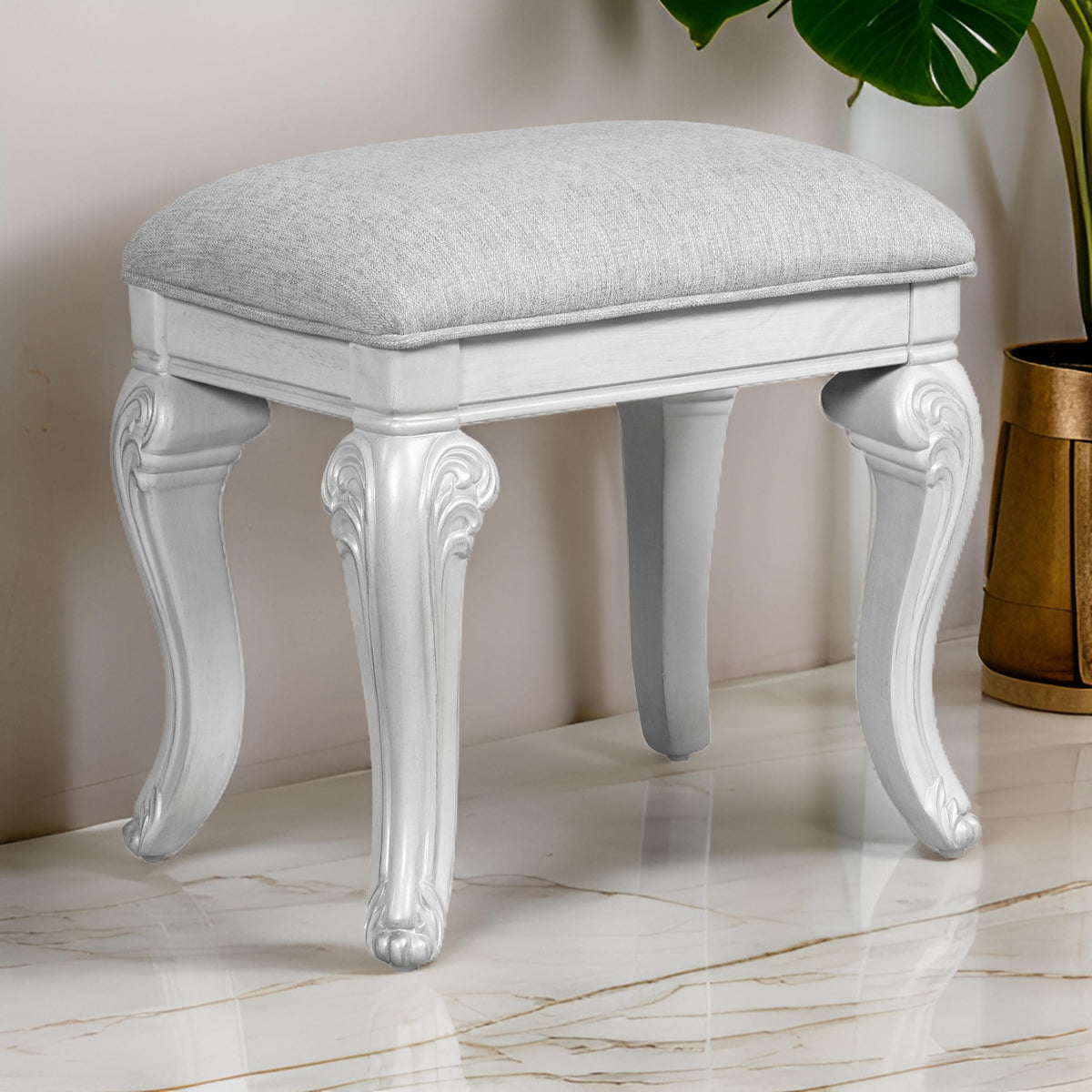 Hailey 19 Inch Royal Vanity Stool Scrolled Design, Gray Padded Top, Wood - BM316520