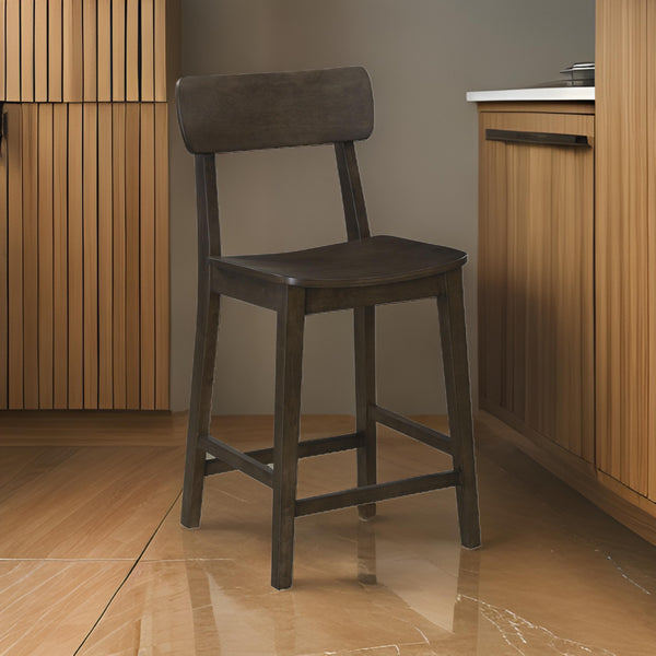 24 Inch Counter Stool Chair, Rubberwood Curved Back and Seat, Dark Gray - BM316528