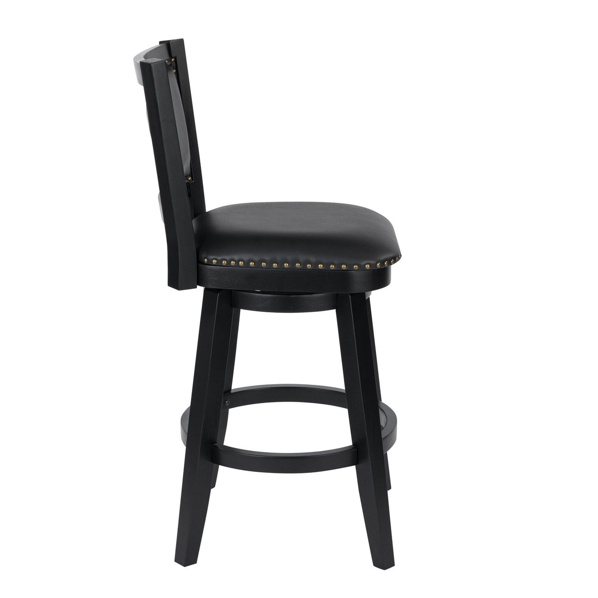 Kera Swivel Barstool Chair, Black Wood, Faux Leather, Nailhead Trim - BM316532