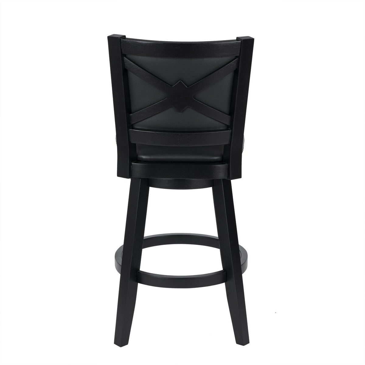 Kera Swivel Barstool Chair, Black Wood, Faux Leather, Nailhead Trim - BM316532