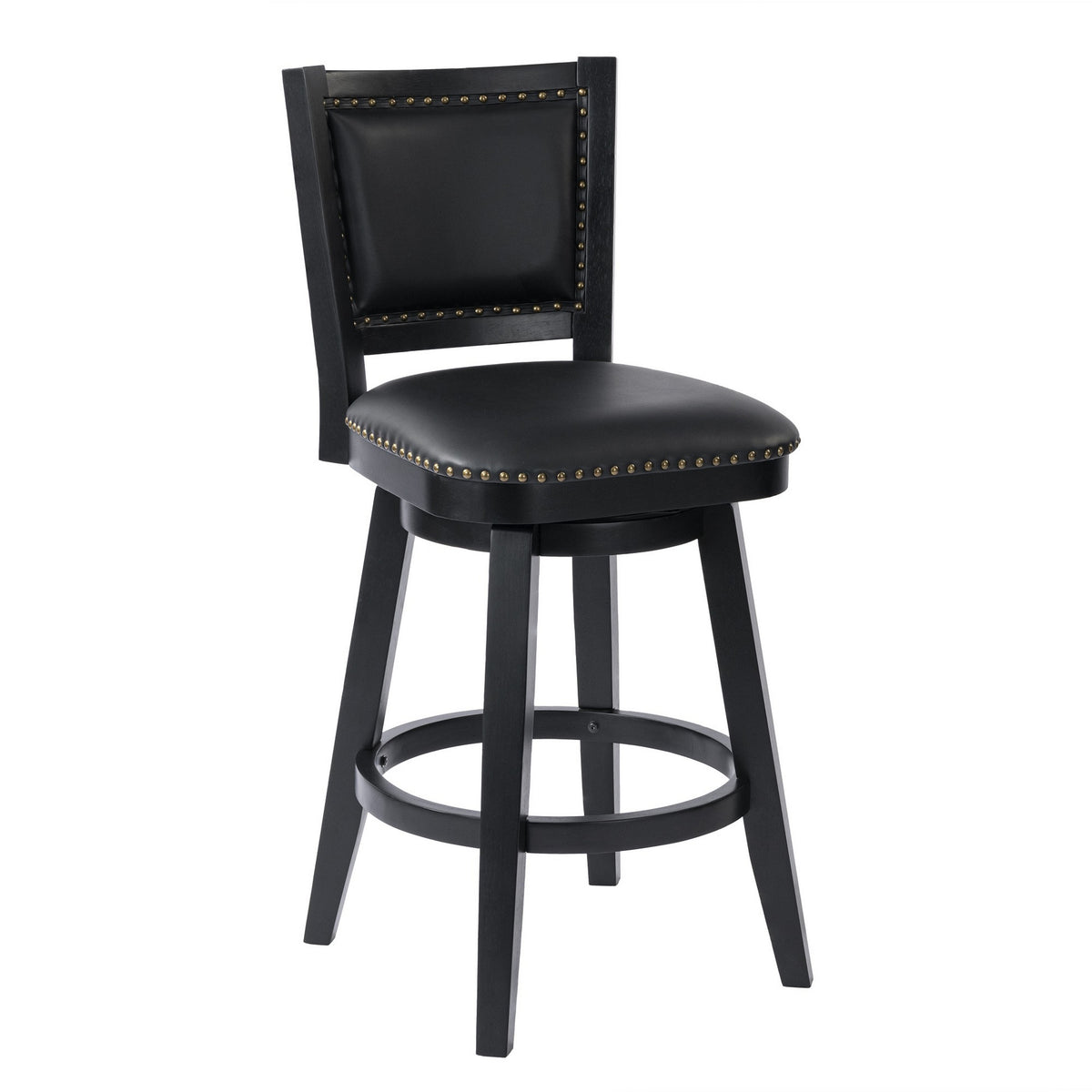 Kera Swivel Barstool Chair, Black Wood, Faux Leather, Nailhead Trim - BM316532