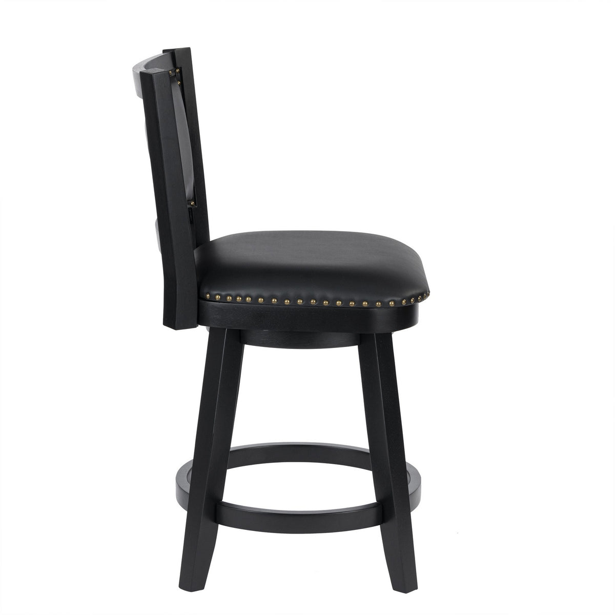 Kera Swivel Counter Height Stool Chair, Black Wood, Nailhead Faux Leather - BM316533