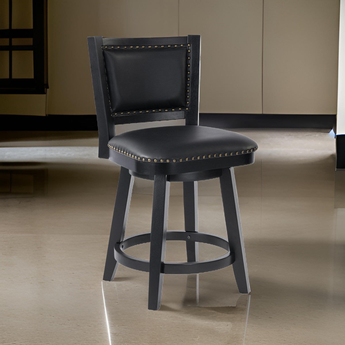 Kera Swivel Counter Height Stool Chair, Black Wood, Nailhead Faux Leather - BM316533