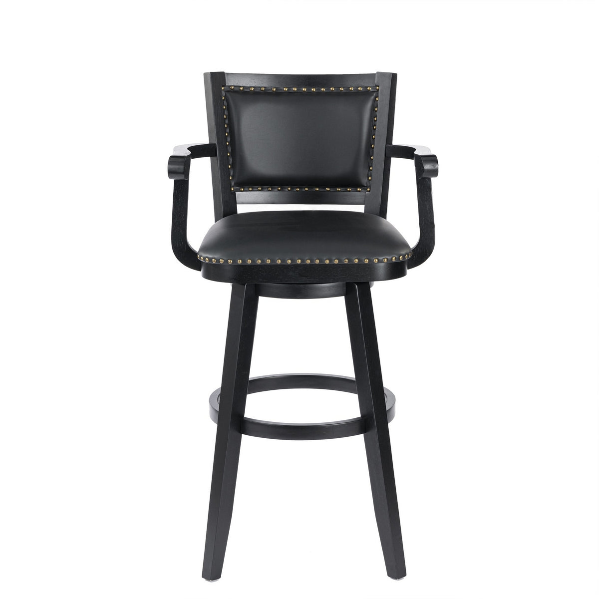 Kera 36 Inch Extra Tall Swivel Barstool Chair, Black Faux Leather, Nailhead - BM316534