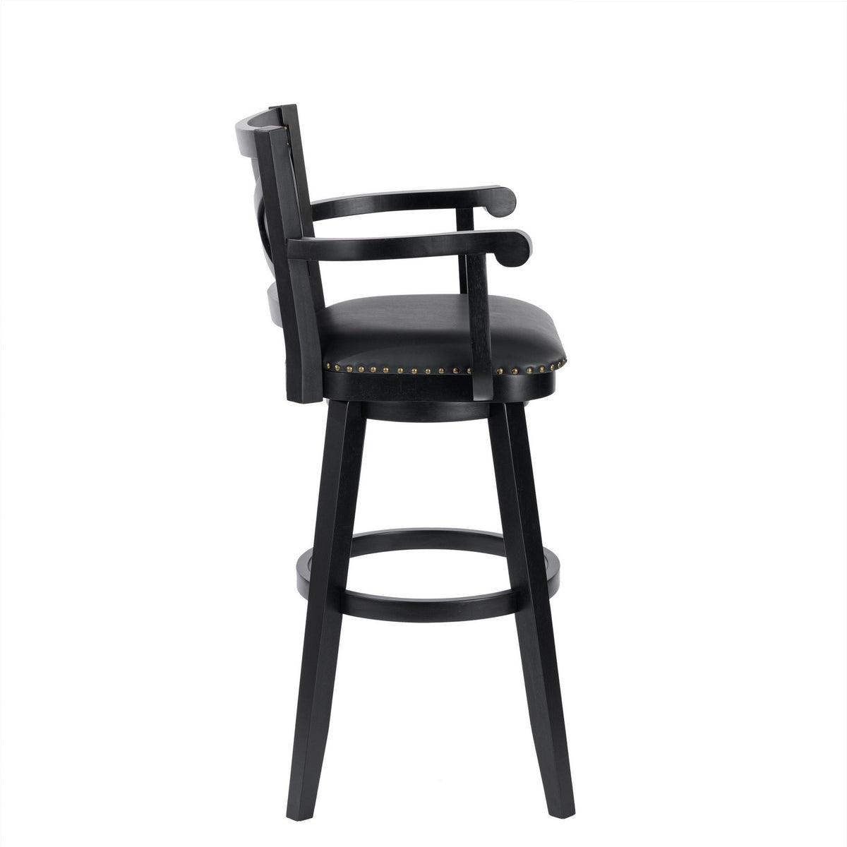 Kera 36 Inch Extra Tall Swivel Barstool Chair, Black Faux Leather, Nailhead - BM316534