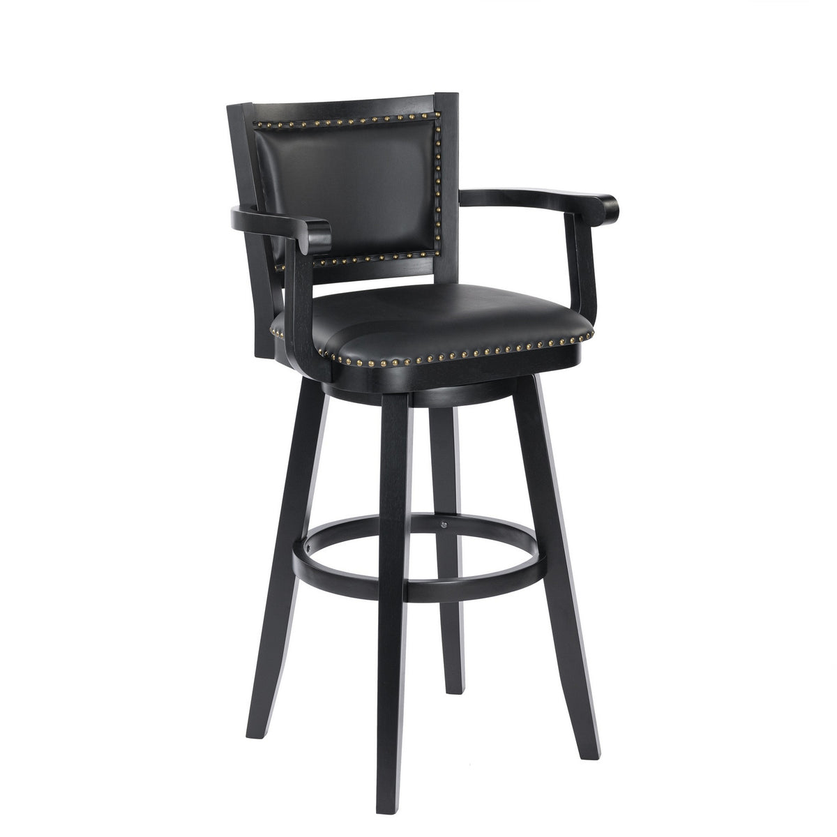 Kera 36 Inch Extra Tall Swivel Barstool Chair, Black Faux Leather, Nailhead - BM316534