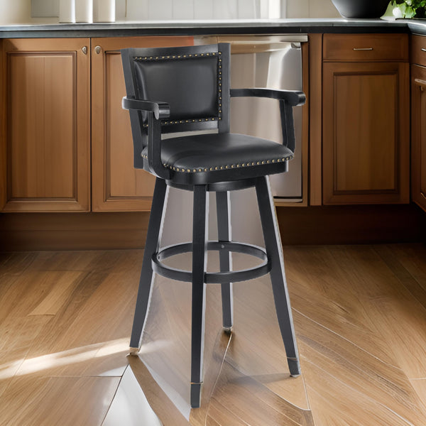 Kera 36 Inch Extra Tall Swivel Barstool Chair, Black Faux Leather, Nailhead - BM316534