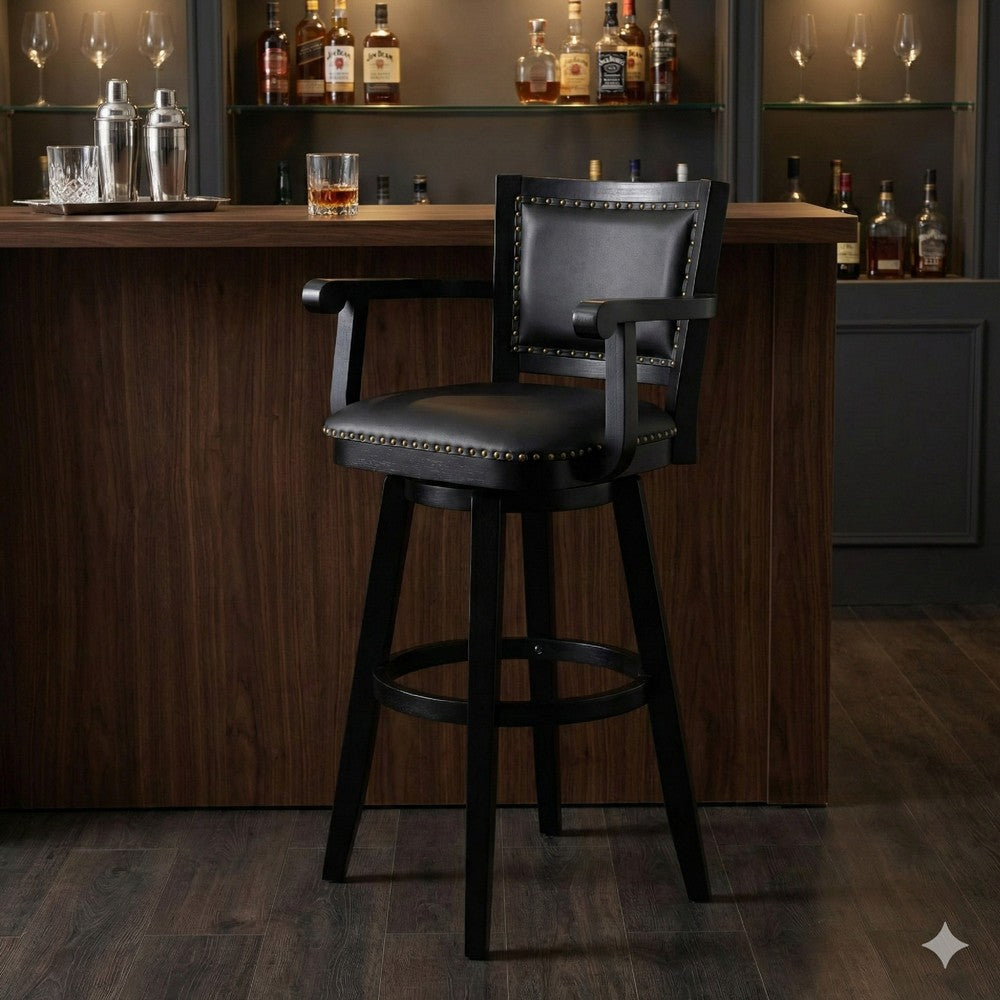 Kera 36 Inch Extra Tall Swivel Barstool Chair, Black Faux Leather, Nailhead - BM316534