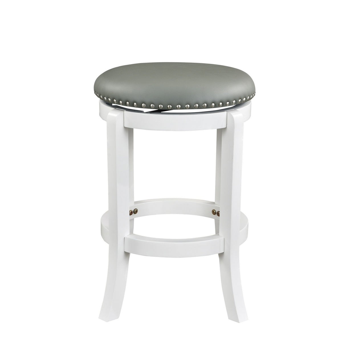 Ovi 25 Inch Backless Swivel Counter Stool, Gray Faux Leather, Nailhead Trim - BM316535