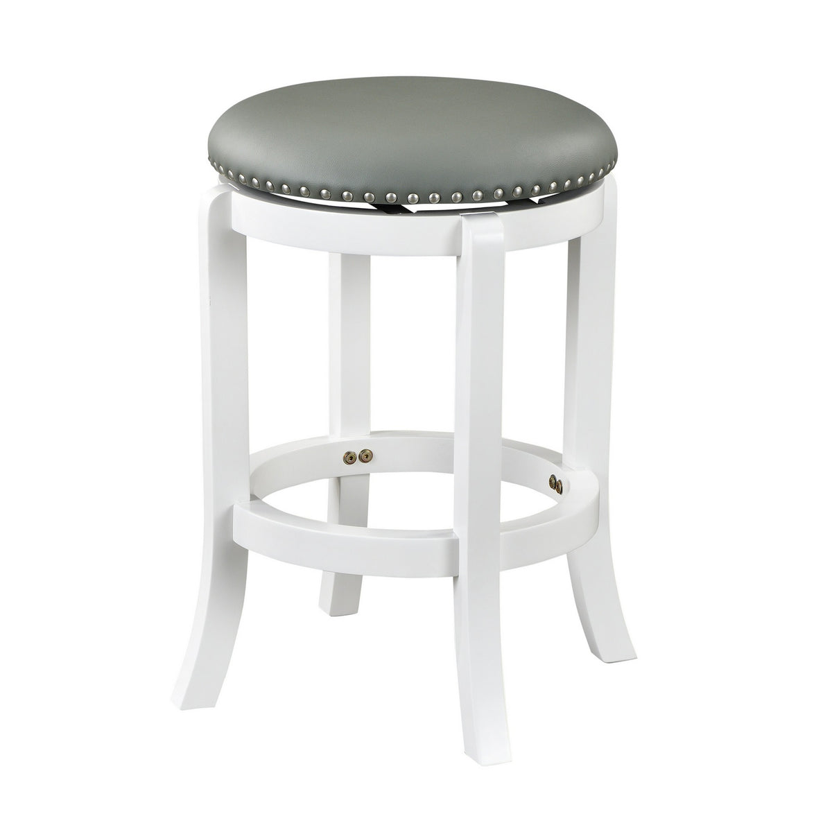 Ovi 25 Inch Backless Swivel Counter Stool, Gray Faux Leather, Nailhead Trim - BM316535