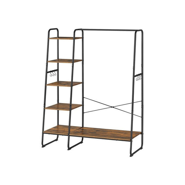 63 Inch Garment Hanging Rack, 5 Tier Storage, 6 Side Hooks, Black, Brown - BM316537