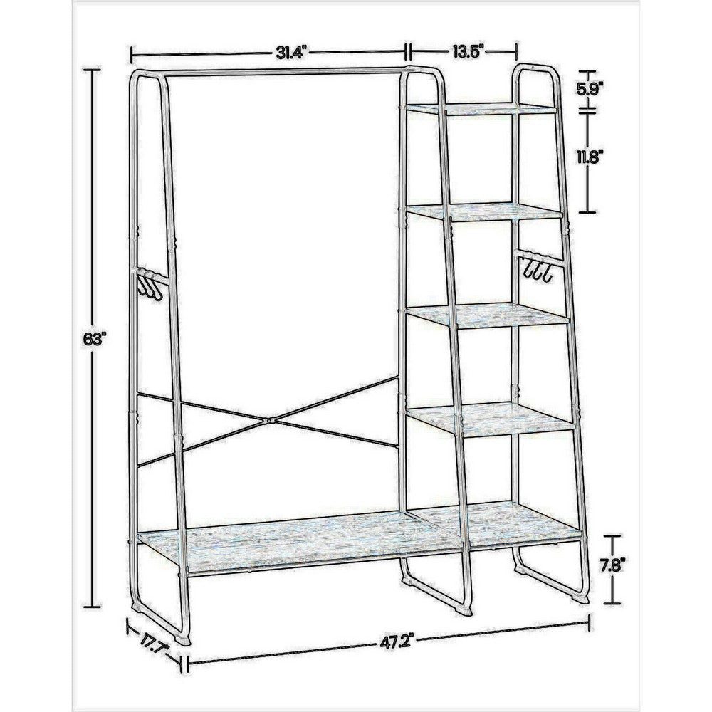 63 Inch Garment Hanging Rack, 5 Tier Storage, 6 Side Hooks, Black, Brown - BM316537