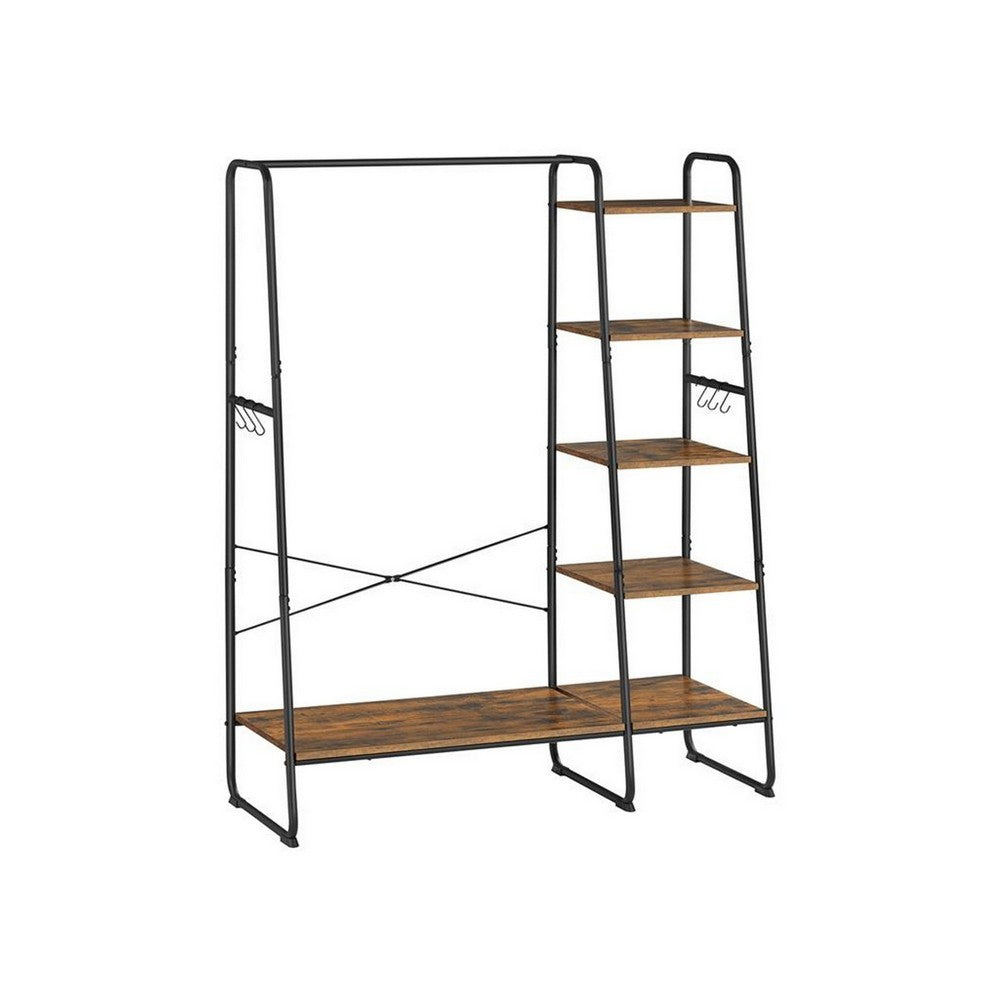 63 Inch Garment Hanging Rack, 5 Tier Storage, 6 Side Hooks, Black, Brown - BM316537