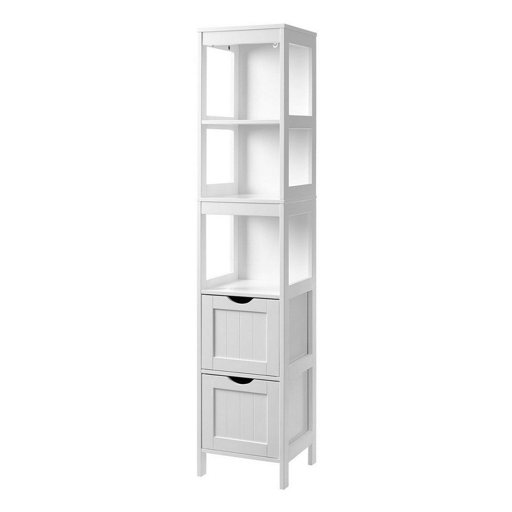 56 Inch Floor Cabinet Bookcase with Shelves, 2 Drawers, Modern White Finish - BM316538