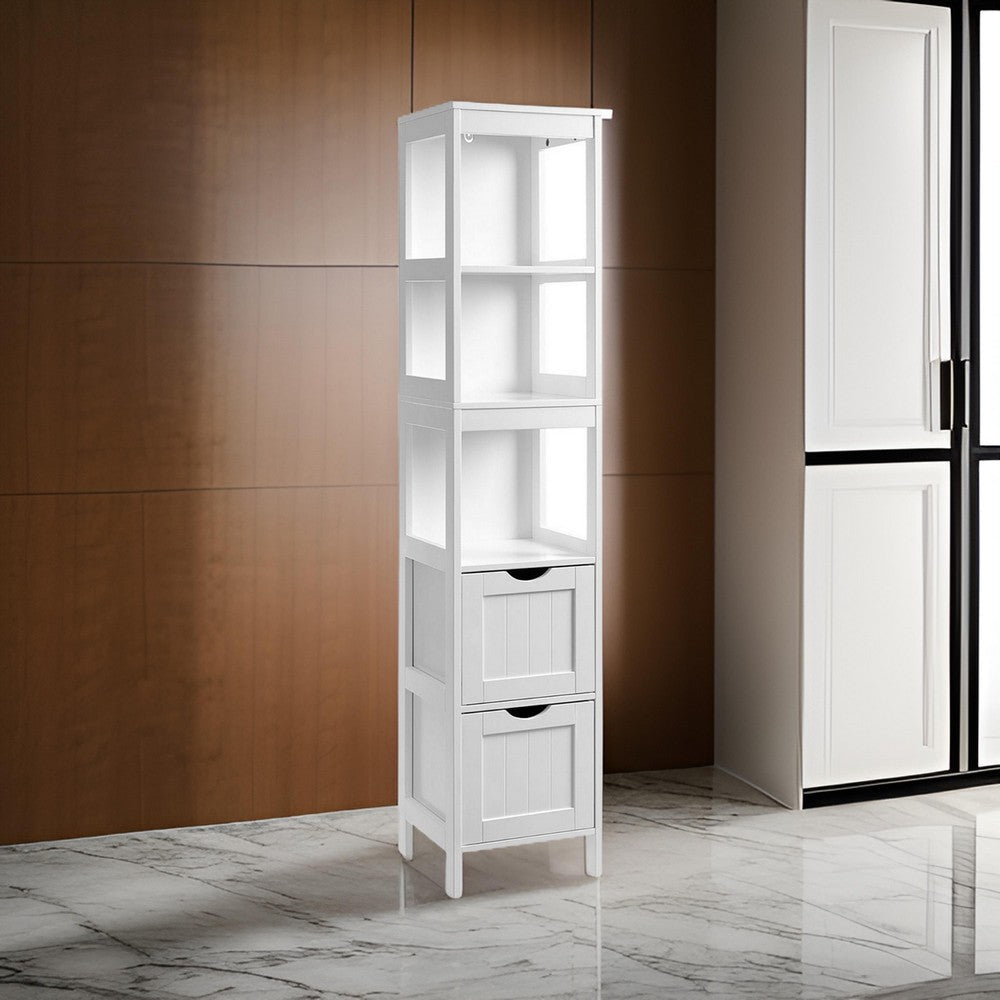 56 Inch Floor Cabinet Bookcase with Shelves, 2 Drawers, Modern White Finish - BM316538