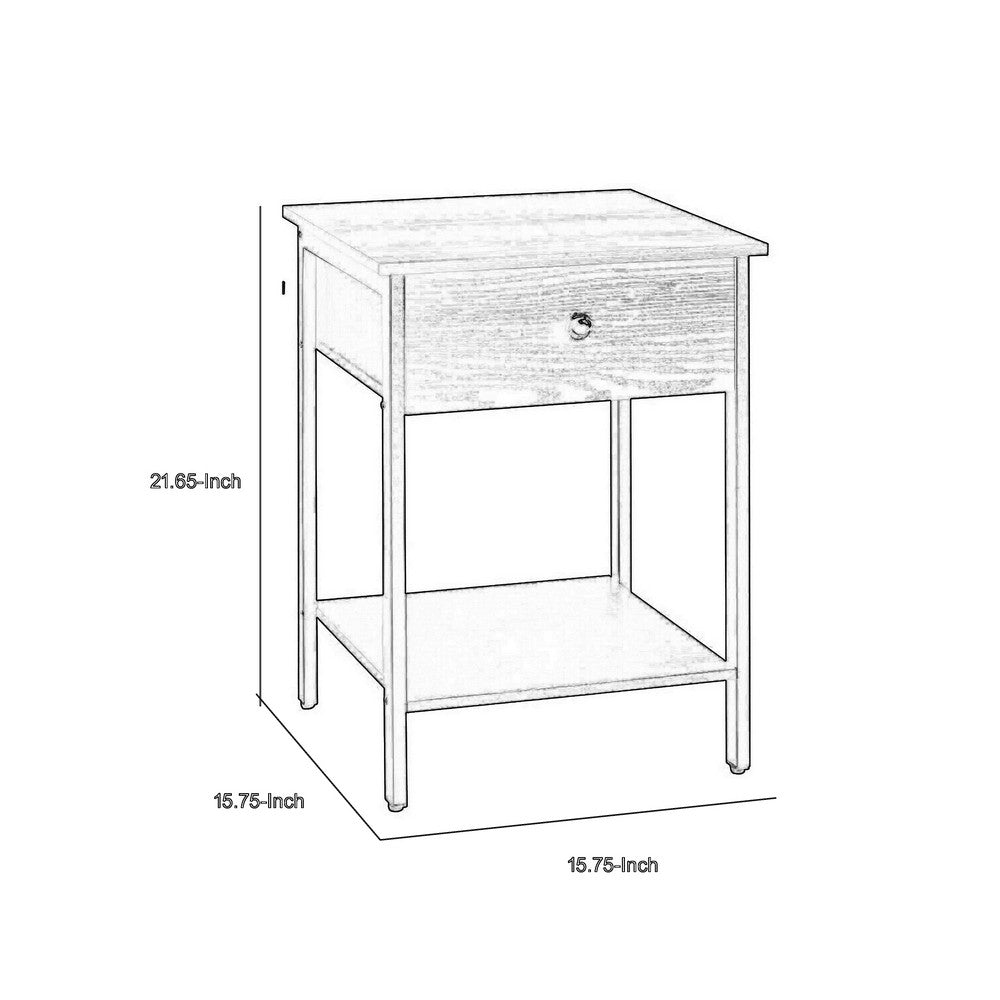 22 Inch Side End Table, 2 Adjustable Mesh Shelves, Square Top, Black, Gray - BM316546