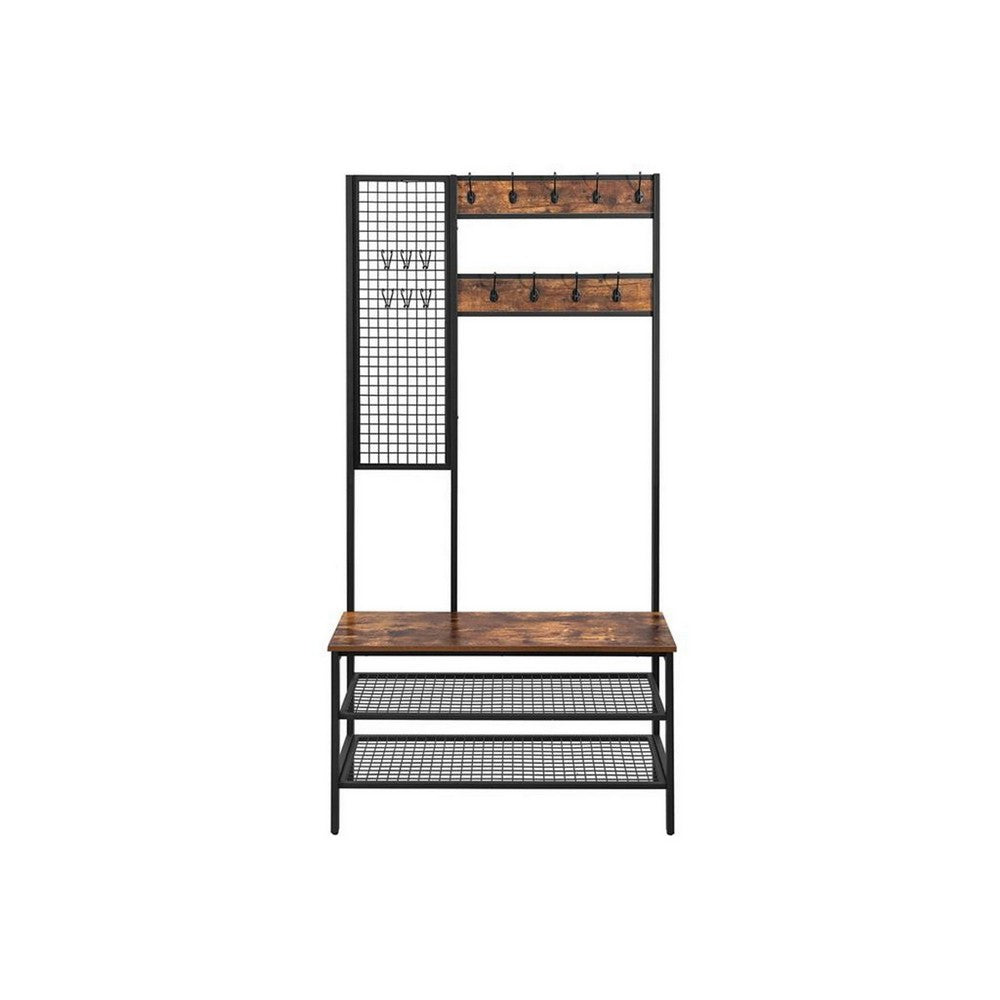 73 Inch Clothing Rack Horse, 9 Coat Hooks, 3 Shelves, Grid Wall Brown Black - BM316550