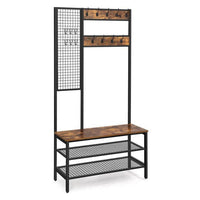 73 Inch Clothing Rack Horse, 9 Coat Hooks, 3 Shelves, Grid Wall Brown Black - BM316550