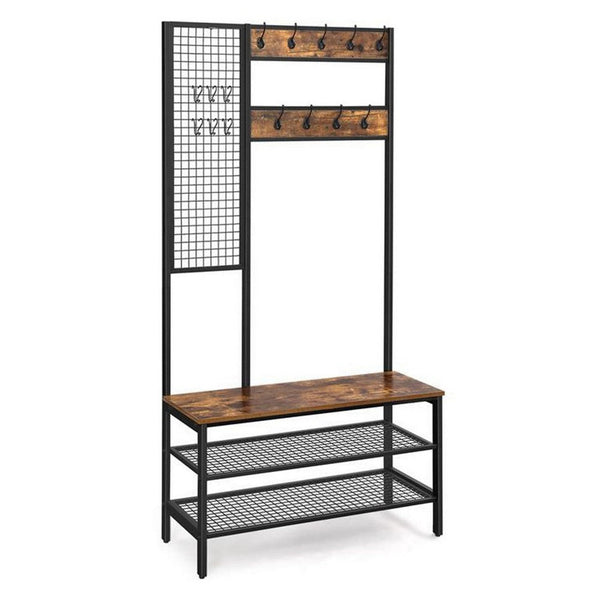 73 Inch Clothing Rack Horse, 9 Coat Hooks, 3 Shelves, Grid Wall Brown Black - BM316550