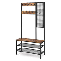 73 Inch Clothing Rack Horse, 9 Coat Hooks, 3 Shelves, Grid Wall Brown Black - BM316550