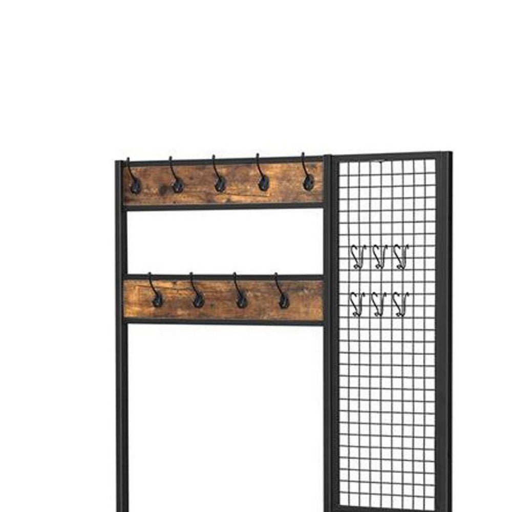 73 Inch Clothing Rack Horse, 9 Coat Hooks, 3 Shelves, Grid Wall Brown Black - BM316550