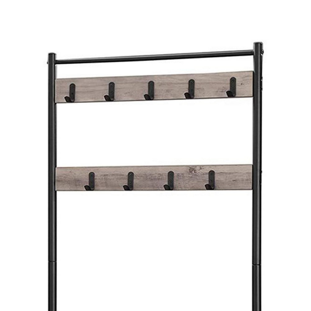 69 Inch Coat Rack Horse, 9 Hooks, 3 Shelves, Black Metal Frame, Gray - BM316551