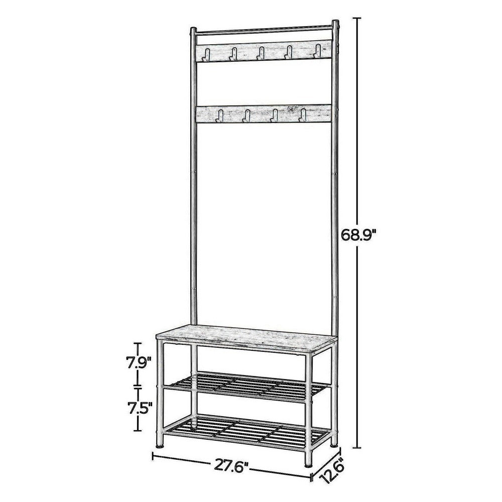 69 Inch Coat Rack Horse, 9 Hooks, 3 Shelves, Black Metal Frame, Gray - BM316551