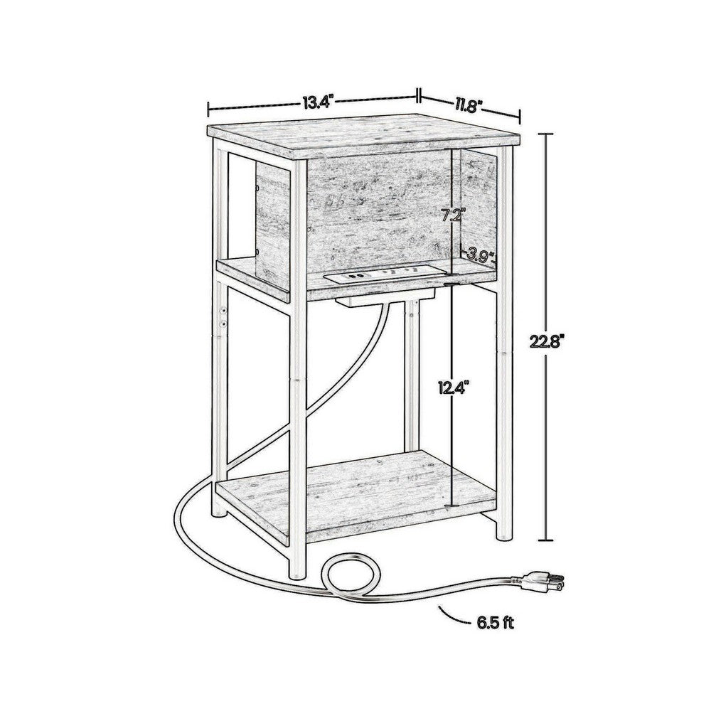 23 Inch End Table, 2 AC Outlets, 2 USB Ports, 1 Bottom Shelf, Black, Gray - BM316552