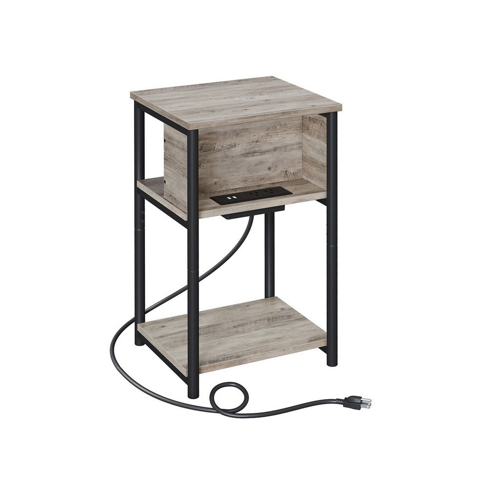 23 Inch End Table, 2 AC Outlets, 2 USB Ports, 1 Bottom Shelf, Black, Gray - BM316552