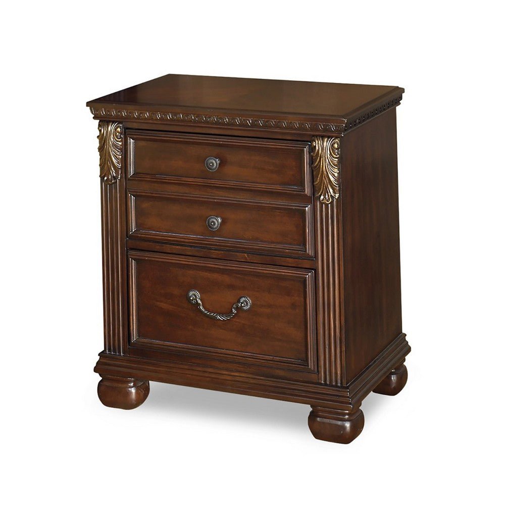 Ava 28 Inch Nightstand, 2 Modern Drawers, Antique Brass Handles, Brown - BM316574