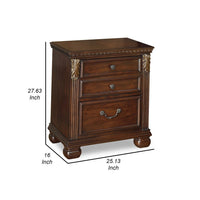 Ava 28 Inch Nightstand, 2 Modern Drawers, Antique Brass Handles, Brown - BM316574