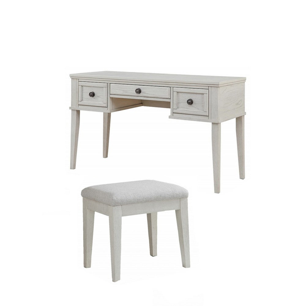 Lea Vanity Desk and Stool Set, 3 Gliding Drawers, Crisp White Wood  - BM316578