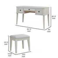 Lea Vanity Desk and Stool Set, 3 Gliding Drawers, Crisp White Wood  - BM316578