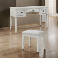 Lea Vanity Desk and Stool Set, 3 Gliding Drawers, Crisp White Wood  - BM316578