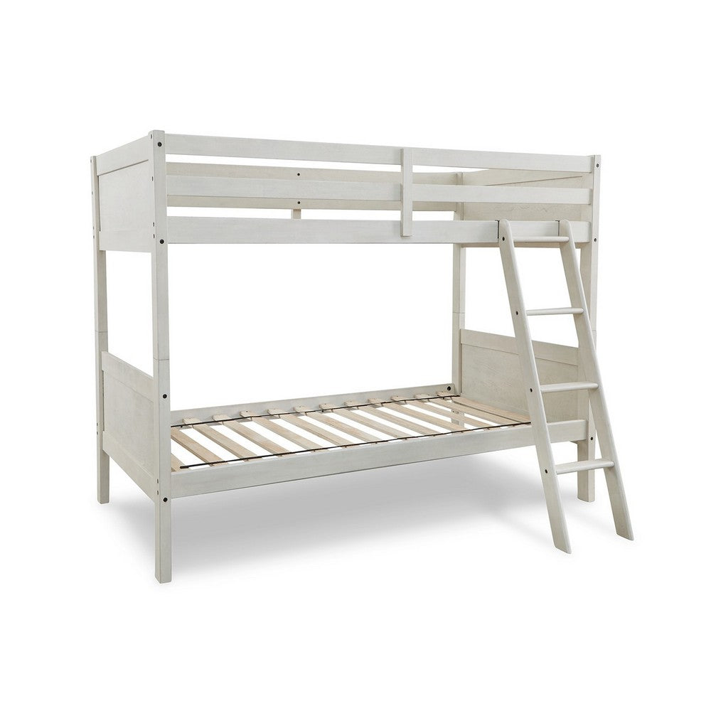 Lea Twin Size Bunk Bed, Wooden Ladder, Traditional Crisp White - BM316580