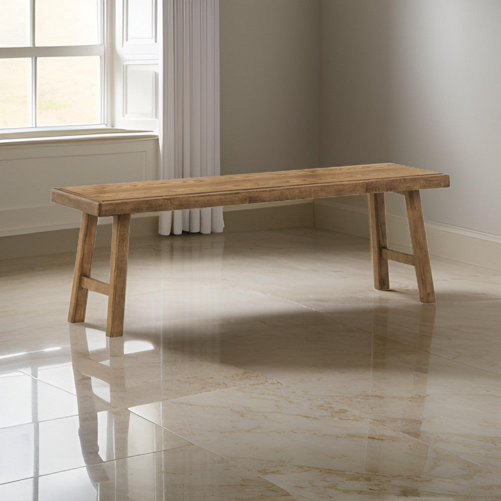 Ira 52 Inch Accent Bench, Sleek Angled Legs, Natural Light Brown Finish - BM316591