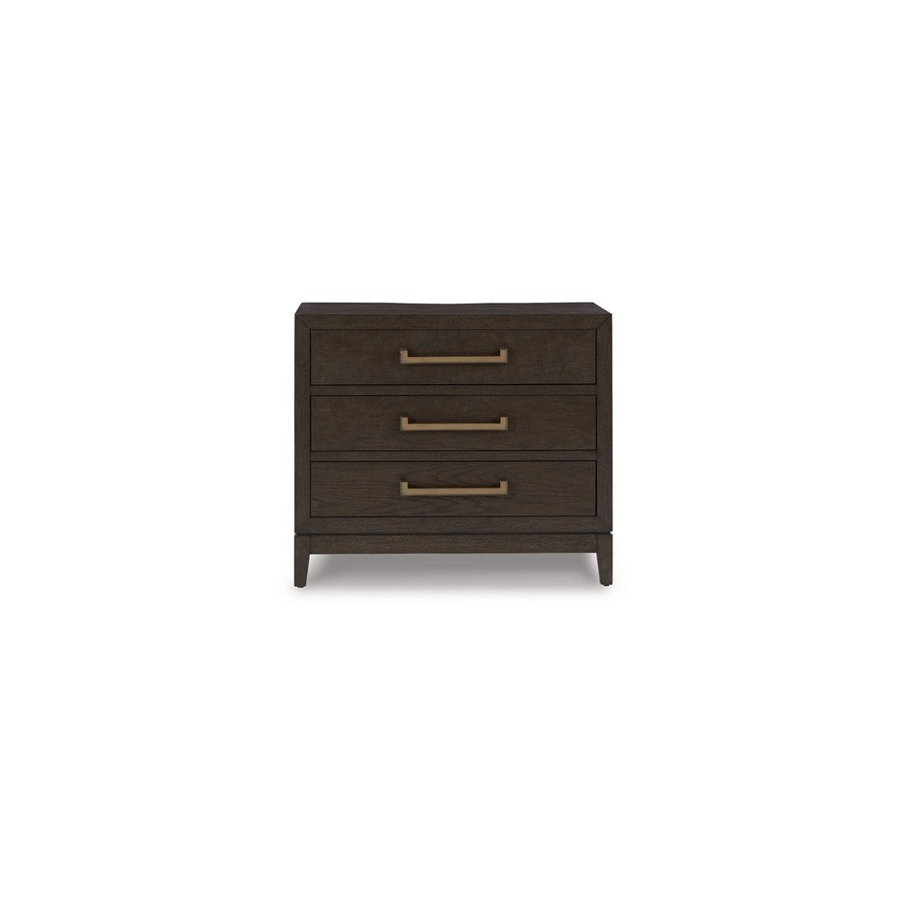 Cora 32 Inch Bedside Nightstand, 3 Gliding Drawers, Metal Handles, Brown - BM316607