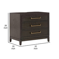 Cora 32 Inch Bedside Nightstand, 3 Gliding Drawers, Metal Handles, Brown - BM316607