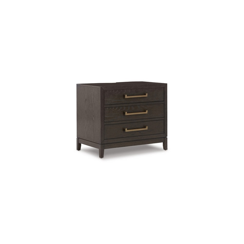 Cora 32 Inch Bedside Nightstand, 3 Gliding Drawers, Metal Handles, Brown - BM316607