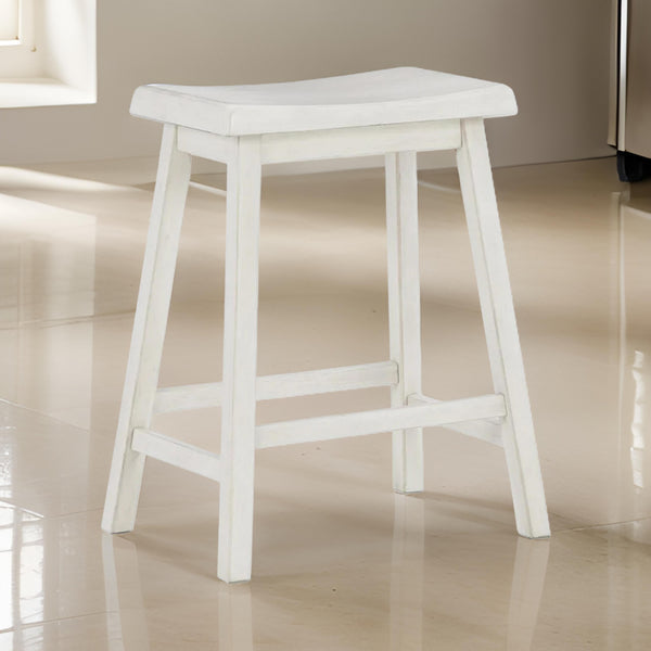 24 Inch Counter Height Stool, Set of 2, Saddle Seats, White Finished Wood - BM316616