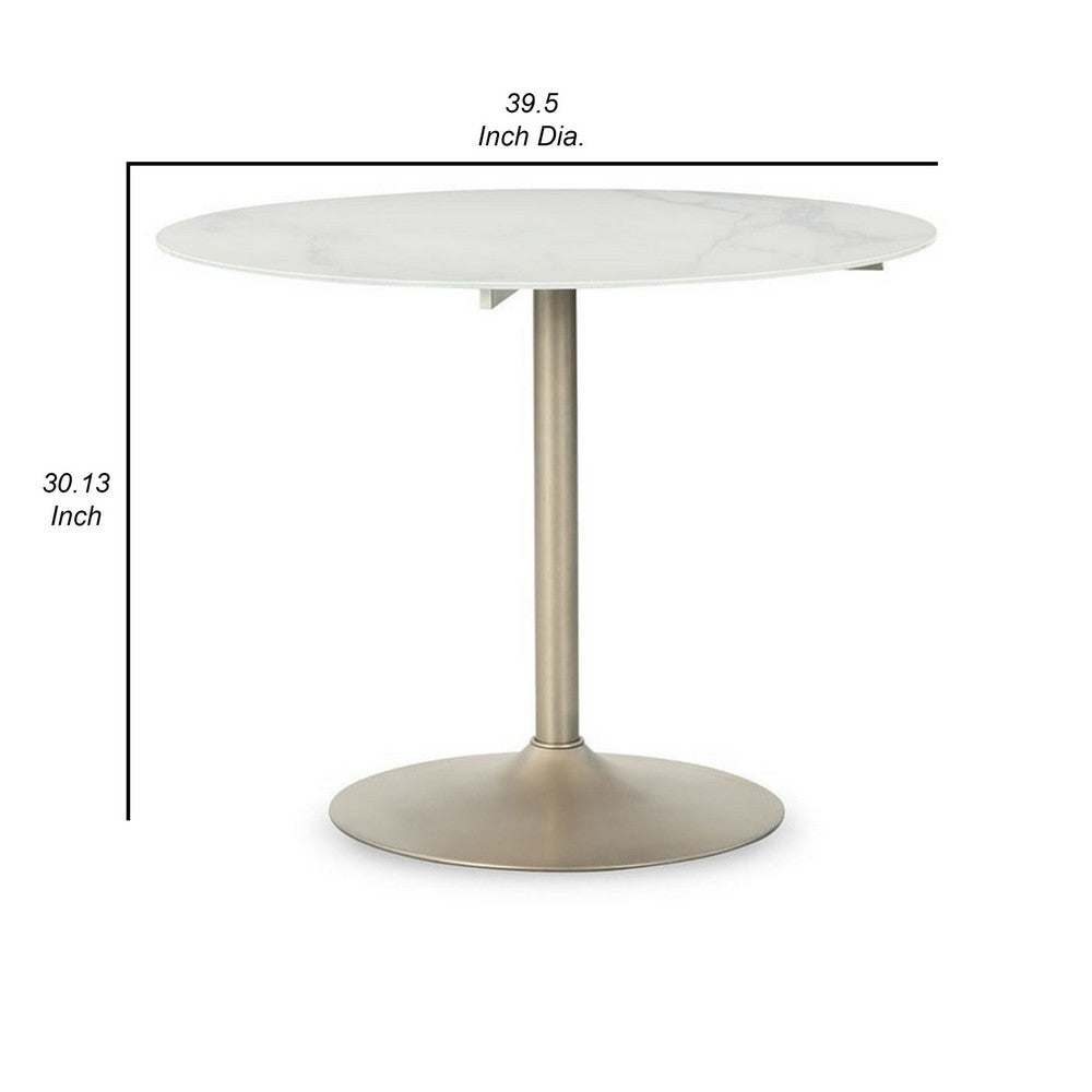 40 Inch Dining Table, Marble Print Surface, Crisp White and Gold Finish - BM316619