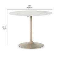 40 Inch Dining Table, Marble Print Surface, Crisp White and Gold Finish - BM316619