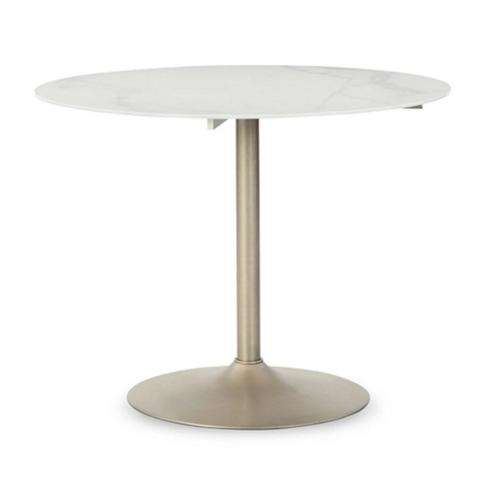 40 Inch Dining Table, Marble Print Surface, Crisp White and Gold Finish - BM316619