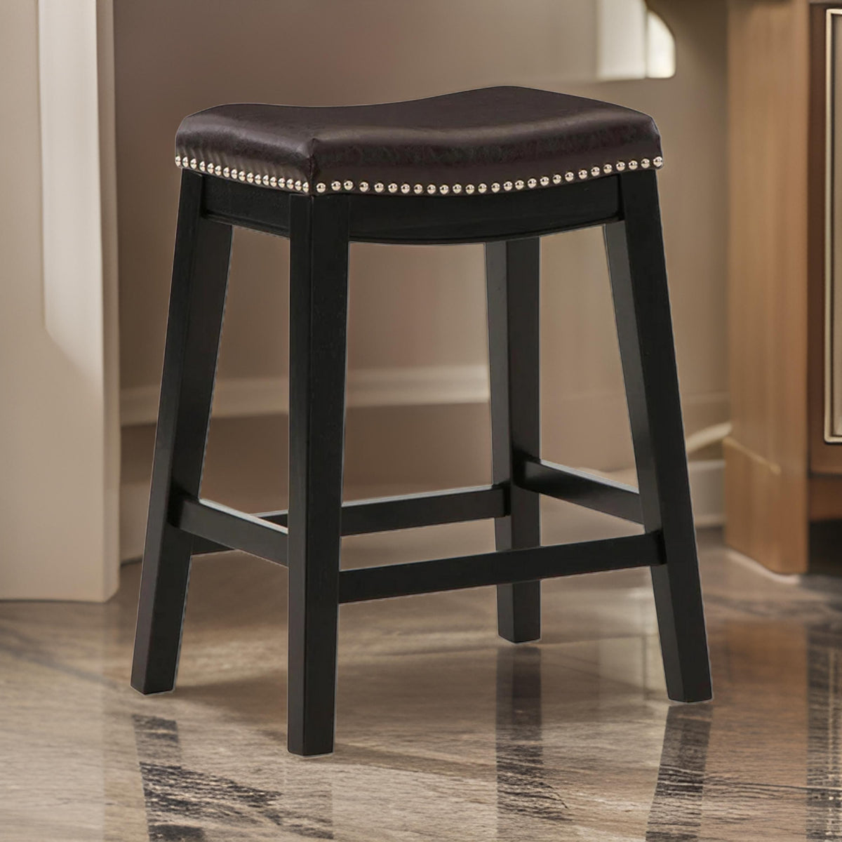 Gia 25 Inch Counter Height Stool, Set of 2, Faux Leather Upholstery, Brown  - BM316620