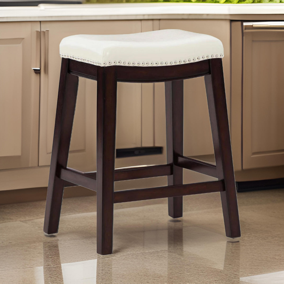 Gia 25 Inch Counter Height Stool, Set of 2, Faux Leather Upholstery, Ivory  - BM316622