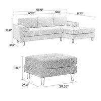 Ryle 104 Inch Sectional Sofa with Chaise and Ottoman, 2 Pillows, Light Gray - BM316653